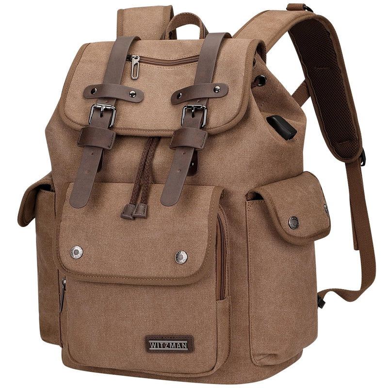 WITZMAN Canvas Backpack for Men Vintage Rucksack Fit 15.6 inch Laptop Backpack Travel High Capacity Casual Daypack (A8004 brown)