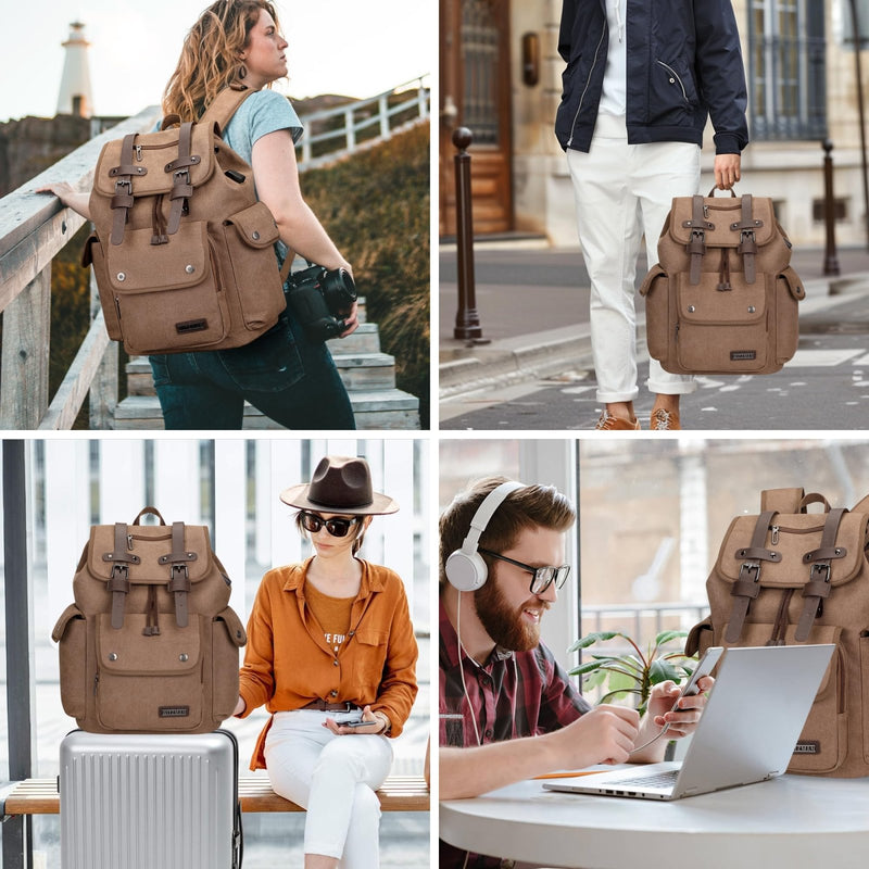 WITZMAN Canvas Backpack for Men Vintage Rucksack Fit 15.6 inch Laptop Backpack Travel High Capacity Casual Daypack (A8004 brown)