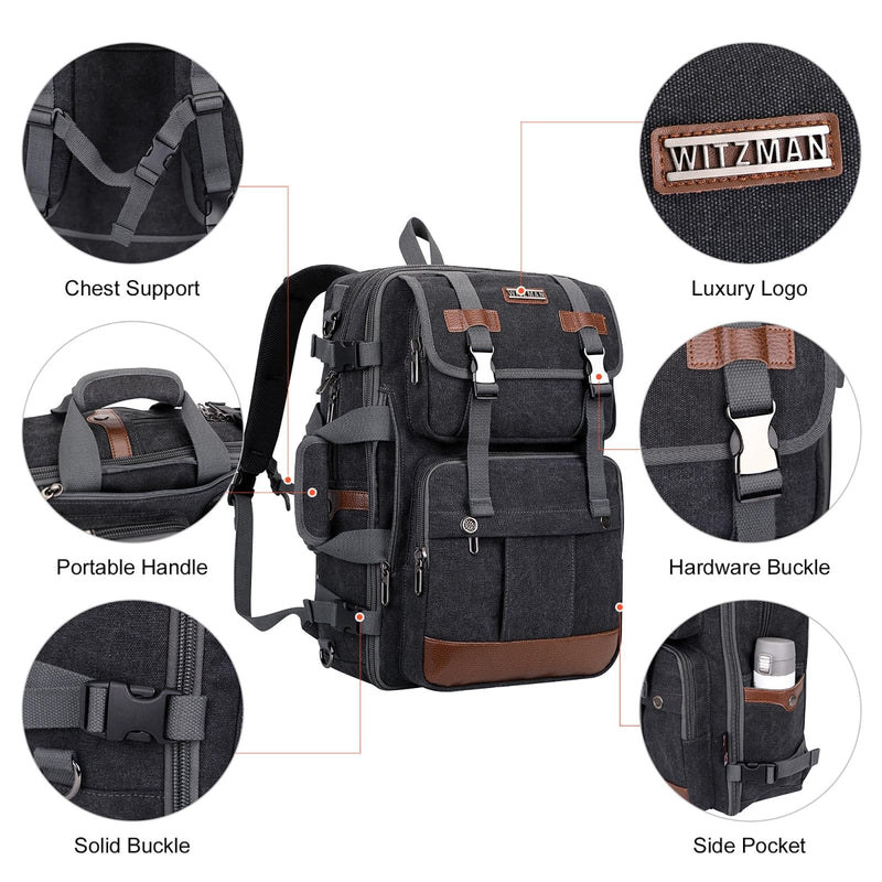 WITZMAN Canvas Travel Backpack for Men Large Laptop Backpack Fit 16 inch Carry - on Airline Approved Convertible Shoulder Rucksack(A6617 - 3 Black)