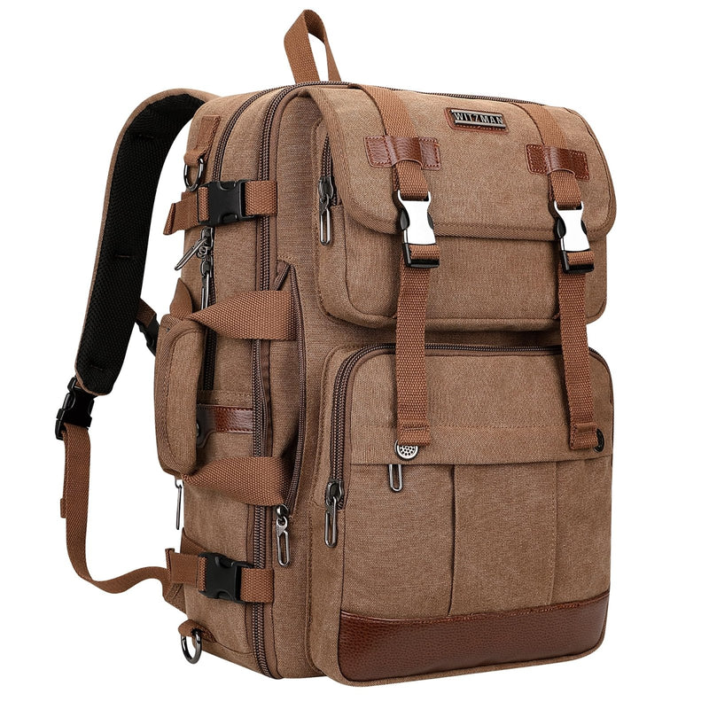 WITZMAN Canvas Travel Backpack for Men Large Laptop Backpack Fit 16 inch Carry - on Airline Approved Convertible Shoulder Rucksack(A6617 - 3 Brown)