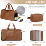 Wogarl 3PCS Faux Leather Weekender Bag for Women Men Large Overnight Bags Travel Duffel with Shoe Compartment Toiletry Packing Cube Carry On Tote Fit 21" Laptop(Light Brown)