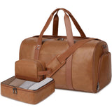 Wogarl 3PCS Faux Leather Weekender Bag for Women Men Large Overnight Bags Travel Duffel with Shoe Compartment Toiletry Packing Cube Carry On Tote Fit 21