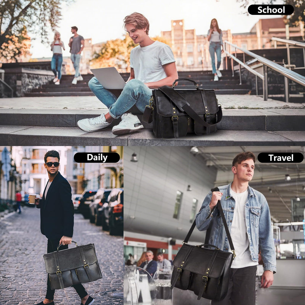 Wogarl Messenger Bag for Men 15.7 inch: Vintage Waterproof PU Leather Briefcase Large Computer Laptop Bag Retro Satchel Shoulder Bag for Office Business Travel College,(Black)