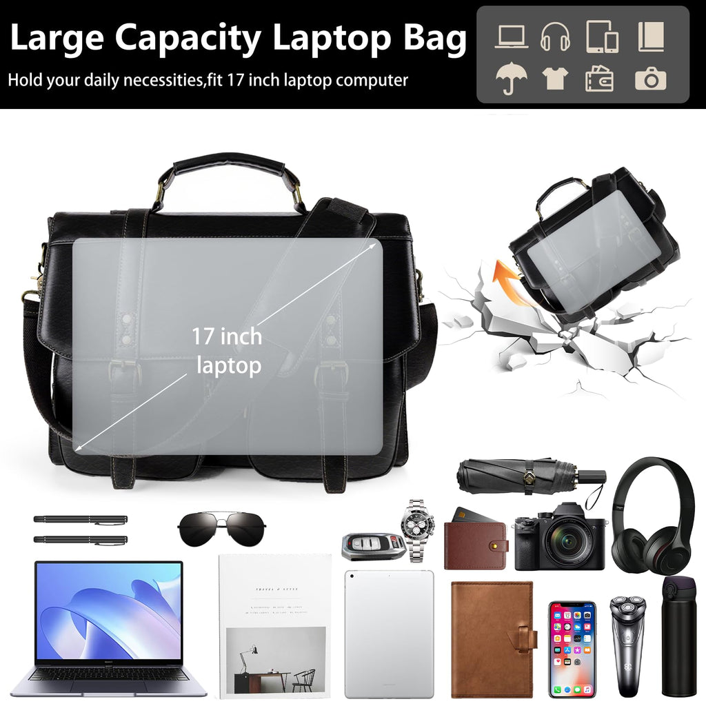 Wogarl Messenger Bag for Men 15.7 inch: Vintage Waterproof PU Leather Briefcase Large Computer Laptop Bag Retro Satchel Shoulder Bag for Office Business Travel College,(Black)