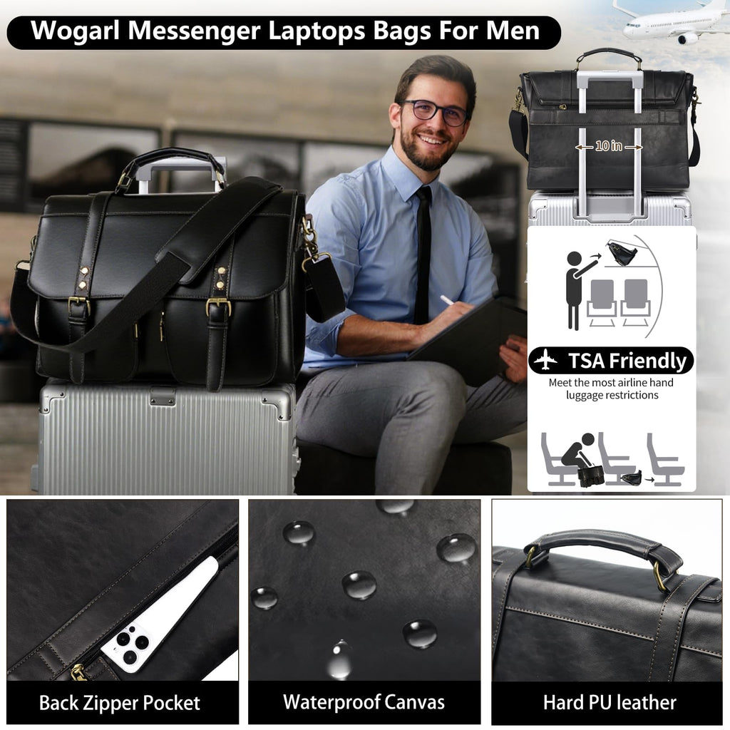 Wogarl Messenger Bag for Men 15.7 inch: Vintage Waterproof PU Leather Briefcase Large Computer Laptop Bag Retro Satchel Shoulder Bag for Office Business Travel College,(Black)