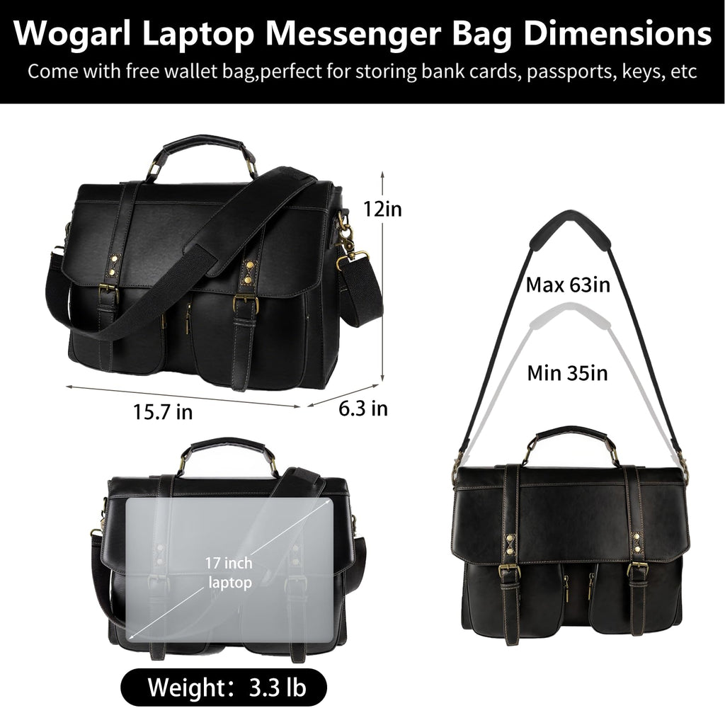 Wogarl Messenger Bag for Men 15.7 inch: Vintage Waterproof PU Leather Briefcase Large Computer Laptop Bag Retro Satchel Shoulder Bag for Office Business Travel College,(Black)