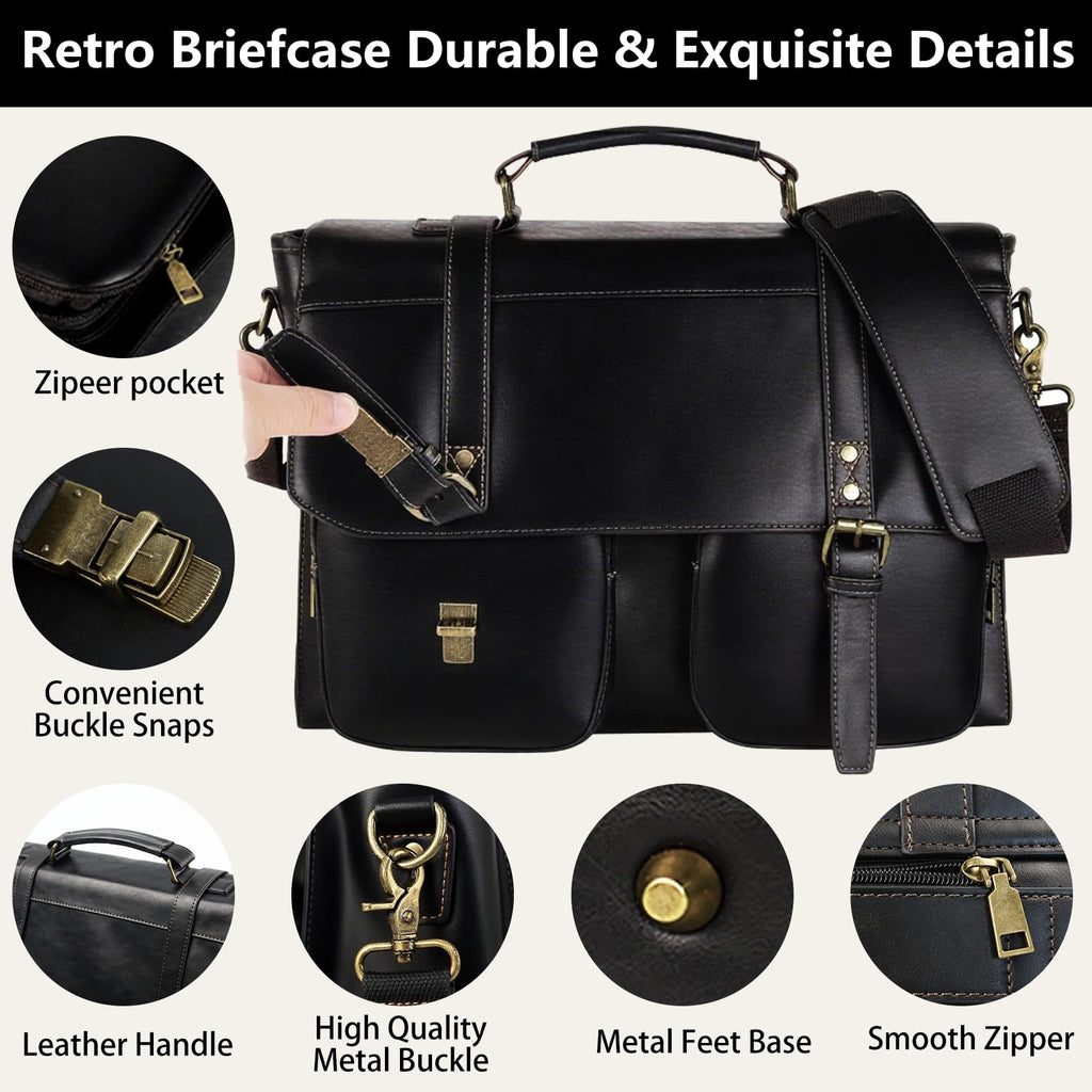 Wogarl Messenger Bag for Men 15.7 inch: Vintage Waterproof PU Leather Briefcase Large Computer Laptop Bag Retro Satchel Shoulder Bag for Office Business Travel College,(Black)