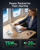 Wollzz 75W Tiny Universal Travel Adapter with 70cm Retractable Cable, GaN Fast Charging European Plug Adapter, 5 Ports (1 AC, 1 USB - A, 3 USB - C), with Smart Chip for Over 200 Countries, PD&QC Charger