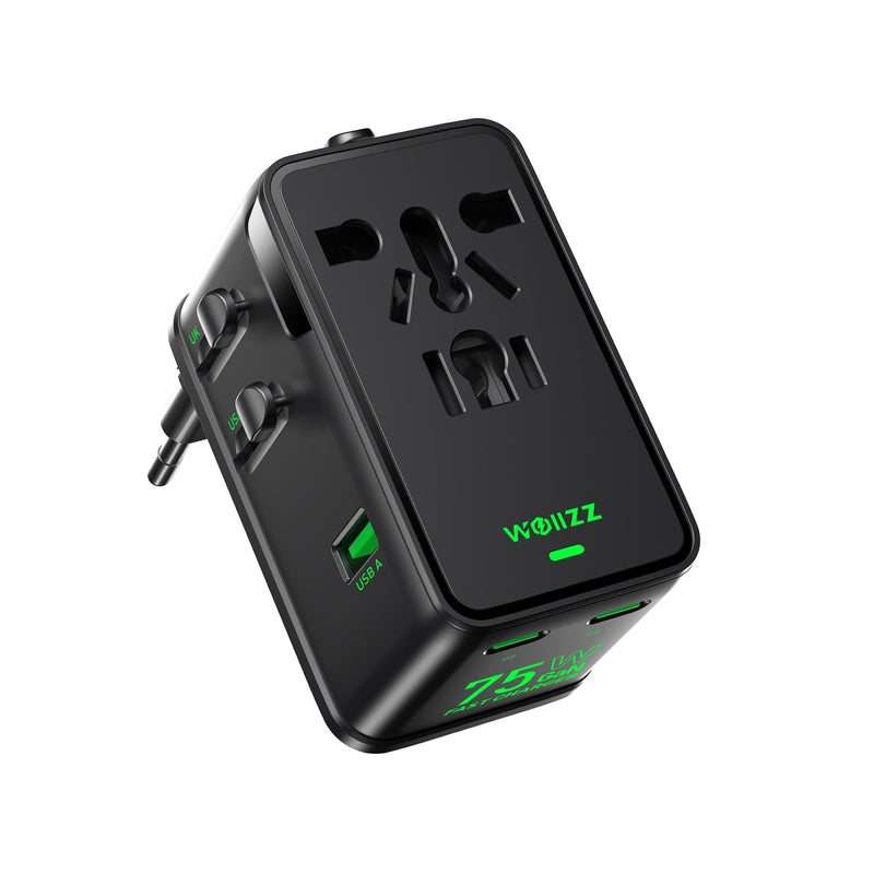 Wollzz 75W Universal Travel Adapter, GaN Fast Charging International Power Adapter Worldwide Charger with 5 Ports 1 AC, 1 USB - A, and 3 USB - C Ports Plug Adapter for USA European UK AUS Japan
