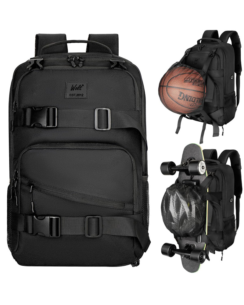 WOLT Skateboard Backpack, 15.6 Inch Laptop Backpack for Men Women, Sports Backpack with Ball Holder for Longboard Basketball Soccer, Black