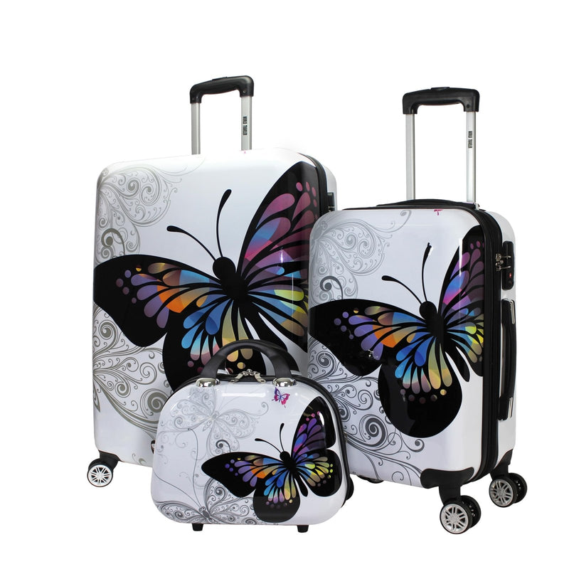 World Traveler Butterfly 3 - Piece Polycarbonate Hardside Expandable Spinner Luggage Set with Enhanced Wheel System
