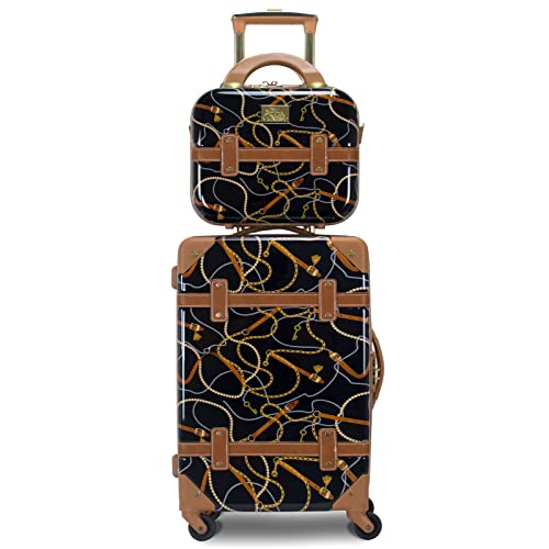 World Traveler Chariot 2-Piece Vintage Hardside Carry-On Luggage Set with Matching Train Case, Spinner Wheels, Retro Fashion Suitcase - Posh Black