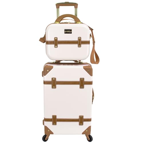 World Traveler Gatsby Vintage Style 2-Piece Hardside Carry-On Retro Train Case Spinner Luggage Set - Ivory