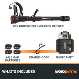WORX Nitro WG572 80V Cordless Leaf Blower, Backpack Blower with 800CFM & 150MPH, Electric Blower for Lawn Care with Brushless Motor & Variable Air Control, 4 Batteries & Basecamp Charger Included