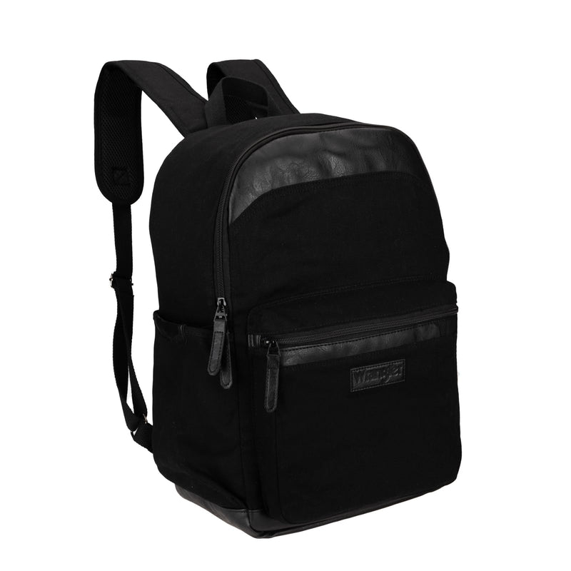Wrangler Powell Backpack for Travel Classic Logo Water Resistant Casual Daypack for Travel with Padded Laptop Notebook Sleeve (Black)