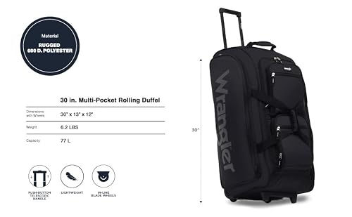 Wrangler Wesley Rolling Duffel Bag, Black, Large 30-Inch