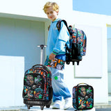 WZLVO 3PCS Rolling School Backpack, Water Resistance Roller Bookbag for Boys, Wheeled Bag Set with Lunch Box & Pencil Bag for Teens & Kids - Dinosaur Gathering