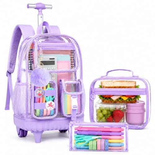WZLVO Clear Backpack Rolling Backpack for Girls Women, Heavy Duty PVC Transparent Bookbag, See Through Wheeled Backpacks Set for Teens | Backpacks4Less
