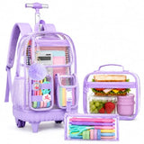 WZLVO Clear Backpack Rolling Backpack for Girls Women, Heavy Duty PVC Transparent Bookbag, See Through Wheeled Backpacks Set for Teens Elementary Travel - Purple