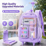 WZLVO Clear Backpack Rolling Backpack for Girls Women, Heavy Duty PVC Transparent Bookbag, See Through Wheeled Backpacks Set for Teens Elementary Travel - Purple
