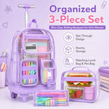 WZLVO Clear Backpack Rolling Backpack for Girls Women, Heavy Duty PVC Transparent Bookbag, See Through Wheeled Backpacks Set for Teens Elementary Travel - Purple