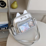 XINMAN Cat Ita Bag Backpack for Girls - Silver Kawaii Pin Display Crossbody Bag with Cat Ears, Clear Window Ita Backpack for School Cosplay Anime Conventions
