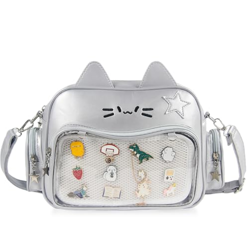 XINMAN Cat Ita Bag Backpack for Girls - Silver Kawaii Pin Display Crossbody Bag with Cat Ears, Clear Window Ita Backpack for School | Backpacks4Less