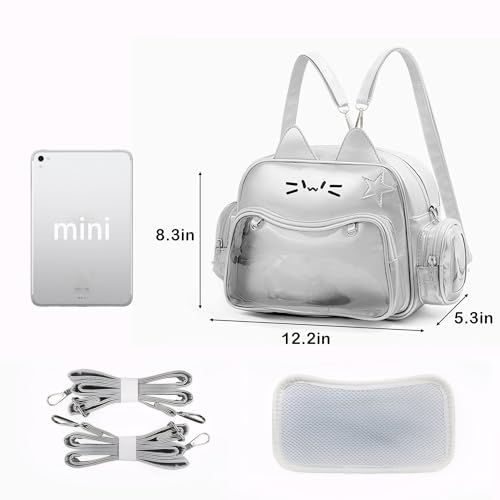 XINMAN Cat Ita Bag Backpack for Girls - Silver Kawaii Pin Display Crossbody Bag with Cat Ears, Clear Window Ita Backpack for School Cosplay Anime Conventions