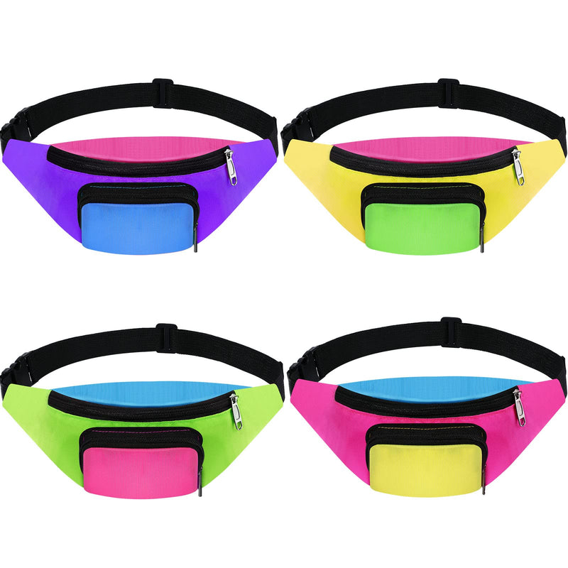 Xuniea 4 Pcs Retro 80s 90s Fanny Pack Retro Belt Bag 2 Pockets Neon Fanny Small Waist Packs for Jogging Traveling Carnival Party Costumes Holiday Festival 80s Theme Party