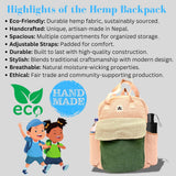 YAK & YETI Handcrafted Hemp Backpack from Nepal – Eco - Friendly, Durable, and Stylish with Adjustable Straps - Multi Pocket (Eco)