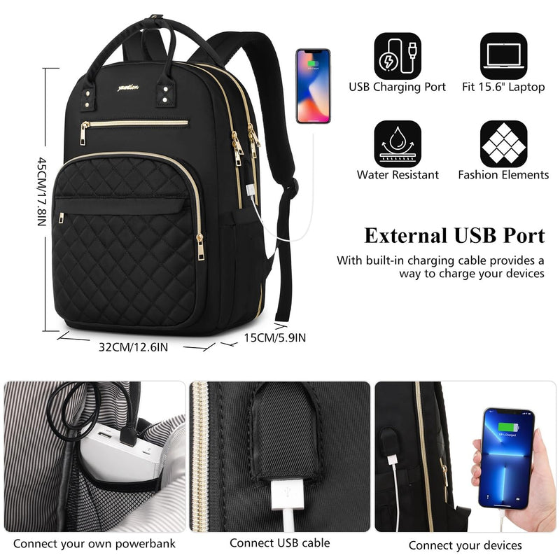 YAMTION Black Backpack for Women and Teen Girls,School Backpack TSA Laptop Bookbag with USB for College University Business Work Travel