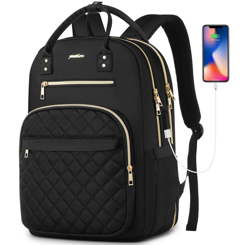 YAMTION Black Backpack for Women and Teen Girls,School Backpack TSA Laptop Bookbag with USB for College University Business Work Travel