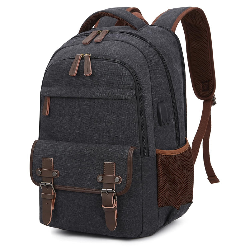 YANHUAKEKE Canvas Travel Laptop Backpack for Men Women, business Work Rucksack College School Computer Bag Fits 15.6 Inch Laptop, Bookbag with USB Charging Port （Black）