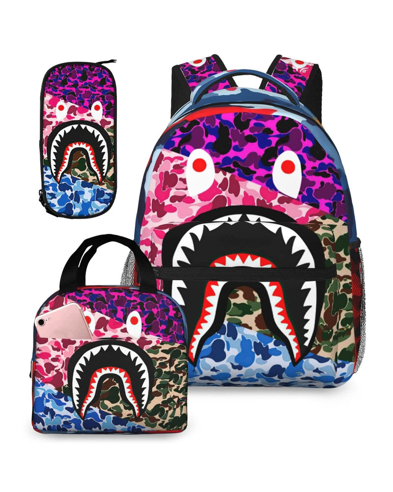 YBYGBB Backpack Shark Teeth Camo Backpacks Set with Lunch Box Pencil Case Travel Laptop Daypack Big Capacity Bookbag Fashion Durable Back Pack MultipleColour