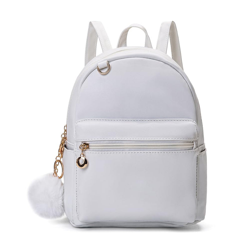 YiXiamo Cute 10 Inch Mini PU Backpack with D - Ring & Removable Fluffy Ball Charm for Teens & Women (white)