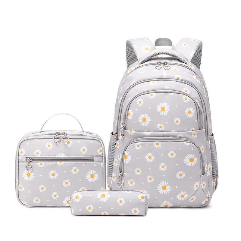 YJMKOI 3Pcs Daisy Prints Backpack for Girls Middle - School Elementary Students Bookbag Set with Lunch Box (Grey)