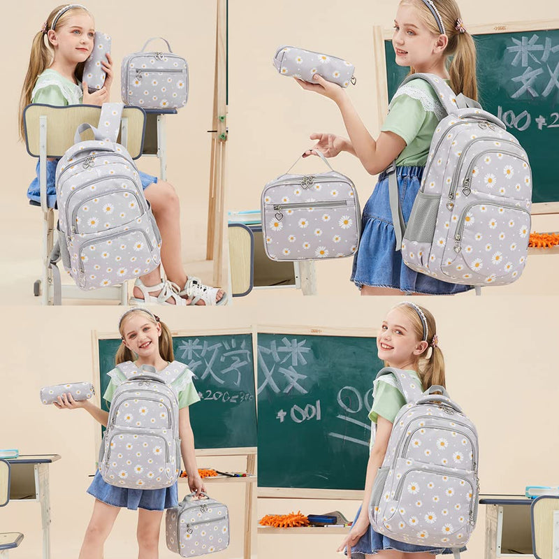 YJMKOI 3Pcs Daisy Prints Backpack for Girls Middle - School Elementary Students Bookbag Set with Lunch Box (Grey)
