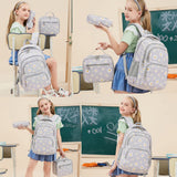 YJMKOI 3Pcs Daisy Prints Backpack for Girls Middle - School Elementary Students Bookbag Set with Lunch Box (Grey)