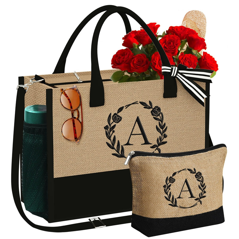 YOOLIFE Gifts for Women Her - Birthday Gifts for Women Mom Daughter Sister Friends Teacher, Personalized Initial Tote Bag, Womens Canvas Tote Bag, Letter A
