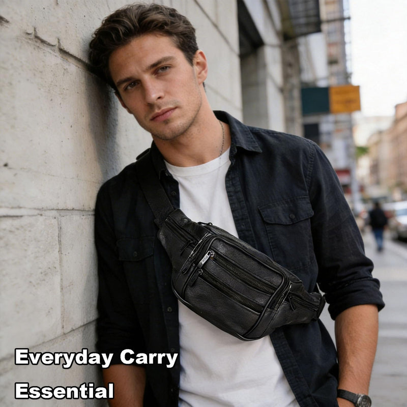 YRMLYMOP Leather Fanny Pack For Men & Women Belt Bag With Adjustable Waist Belt, Lightweight Fanny Pack Comes With Multiple Zippered Pockets Easy Carry Any Phone,Wallet (black)
