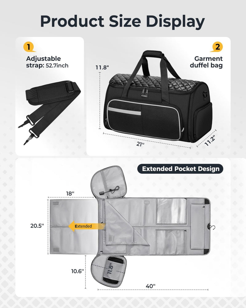 Ytonet Convertible Garment Bags for Travel, 50L Carry on Garment Duffle Bag for Men Women, 3 in 1 Suit Travel Bag Hanging Clothes for Business with Shoe Pocket, Waterproof Pocket, Black