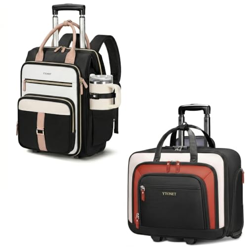 Ytonet Rolling Backpack for Women,15.6 Inch Travel Backpack with Wheels, Stylish Rolling Laptop Bag with Passport Holder, Dual-Opening Design, Underseat Carry on Luggage for Work College Teacher
