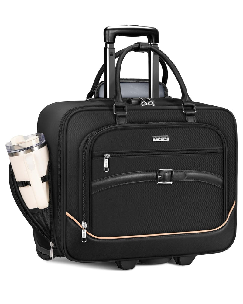 Ytonet Rolling Laptop Bag, 17.3 In Rolling Briefcase for Men Women with Accordion File Pockets, Anti Theft Laptop Bag with Wheels, Professional Roller Underseat Bag for Travel Work Teacher, Black