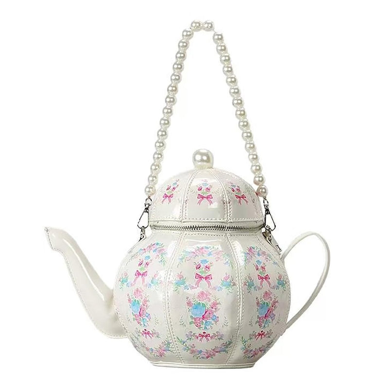 ZGRJSZDD Women PU Leather Floral Handbag Crossbody Shoulder Bag Pearl Chain Valentine Teapot Purse for Girls, 2527 Beige