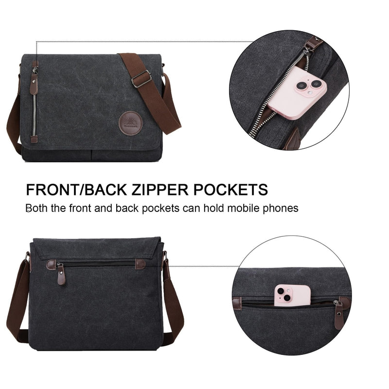 ZHIERNA Canvas Satchel Messenger Bag for Men Women, Vintage Shoulder Crossbody 13.3" Laptop Bag for Work Travel (Black)