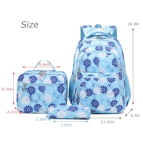 ZHIERNA Daisy Backpack for Girls Toddler Tie Dye Bookbag with Lunch Bag Preschool Simple Modern Backpack School 3pcs Set, Lightweight Elementary Book bag Girl（Blue）