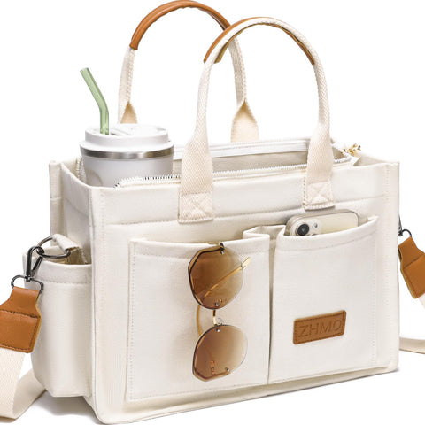 ZHMO Canvas Tote Bag for Women With Compartments and Zipper,White Women's Bags Crossbody Bags Work Laptop Tote Bag Large Satchels Handbag Tote Purse Everyday Shoulder Bag for Travel Nurse Teacher Gift