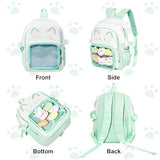 ZingZaak Kawaii Cat Ita Bag,Pin Purse,Pin Display Backpack(green-white,small)