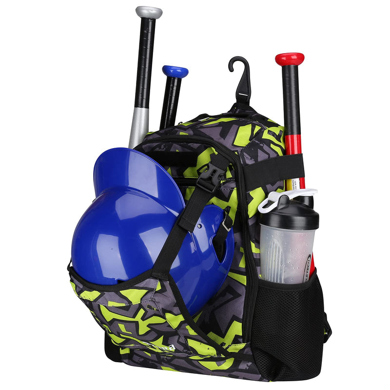 ZOEA Baseball Bat Bag Backpack, T - Ball & Softball Equipment & Gear for Youth, Large Capacity Holds 2 Bats, Helmet, Gloves, Cleats, Helmet Holder and Includes Fence Hook (Green)