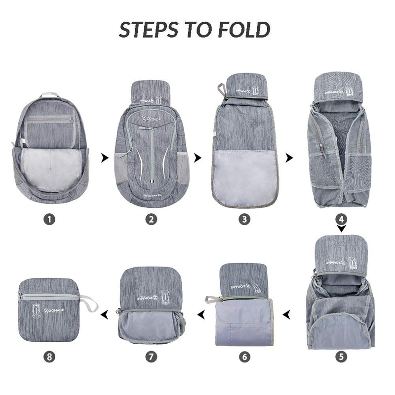 ZOMAKE 25L Ultra Lightweight Packable Backpack, Foldable Hiking Backpacks Water Resistant Small Folding Daypack for Travel(Medium Grey)